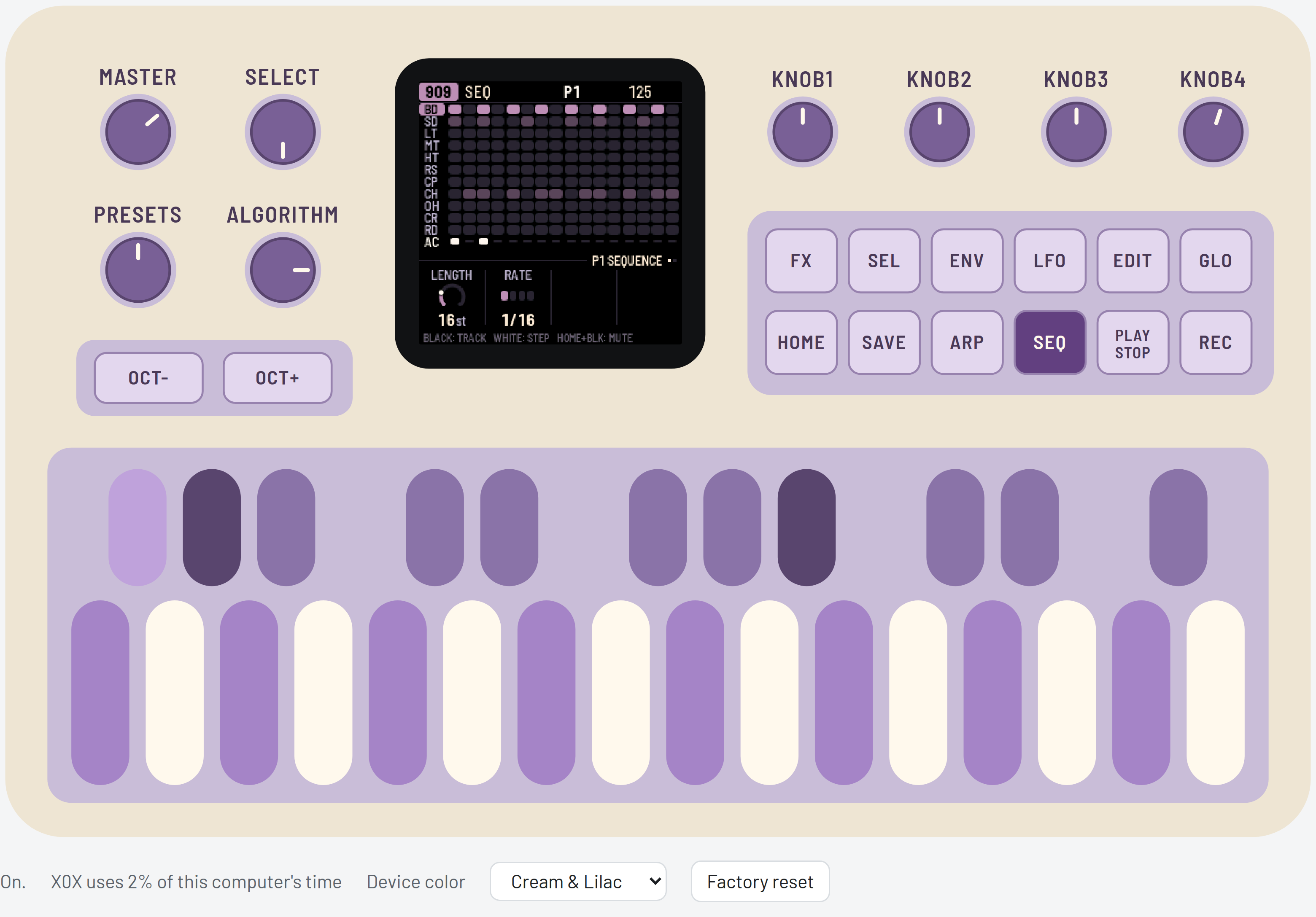 X0X-RMX browser emulator in Cream & Lilac, showing a 909 pattern and the Device color selector