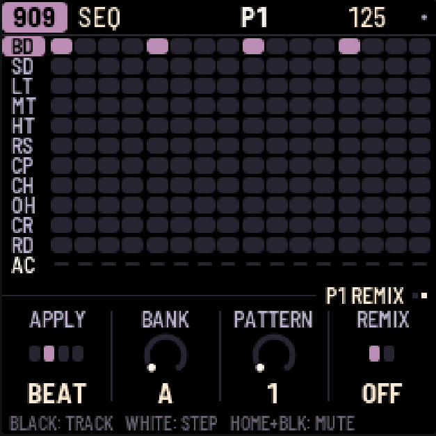 X0X-RMX: 909 Remix at neutral A1/OFF, with APPLY BEAT
