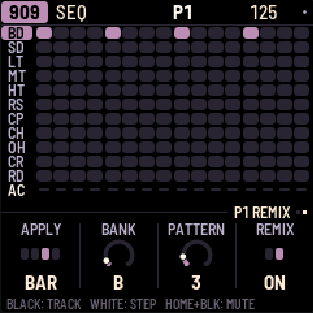 909 Remix with Bank B, Pattern 3, Remix ON and APPLY BAR