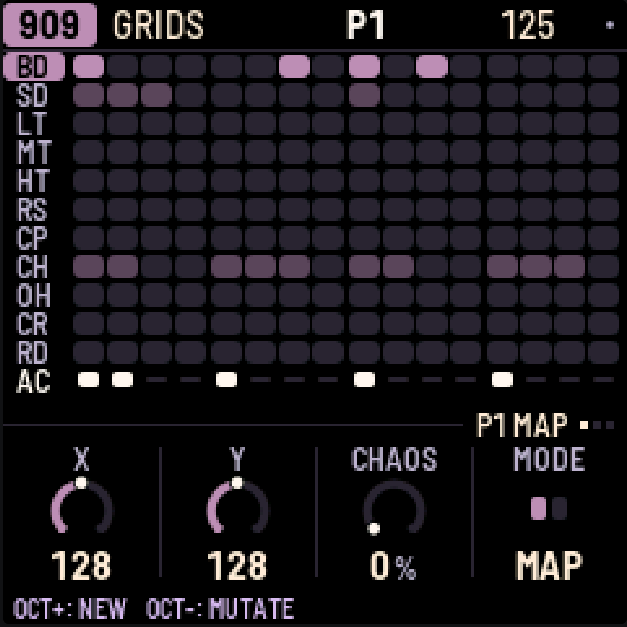 909 Grids MAP page with X, Y, CHAOS and MODE controls