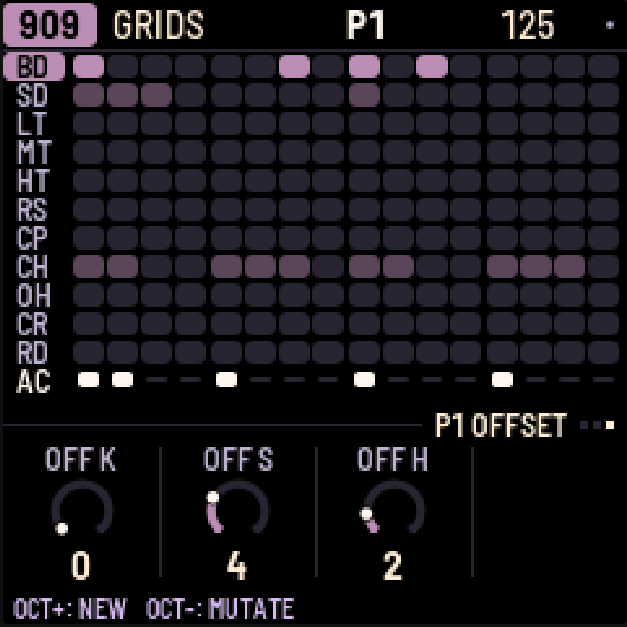 X0X-RMX: 909 OFFSET rotates the three drum rows