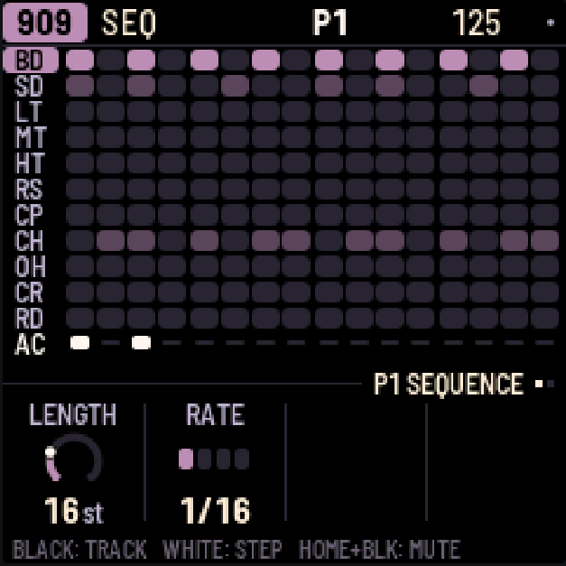 X0X-RMX: the generated 909 beat is visible as editable stored steps on SEQUENCE