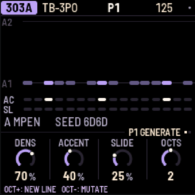 303A TB-3PO GENERATE page with density, accent, slide and octave controls