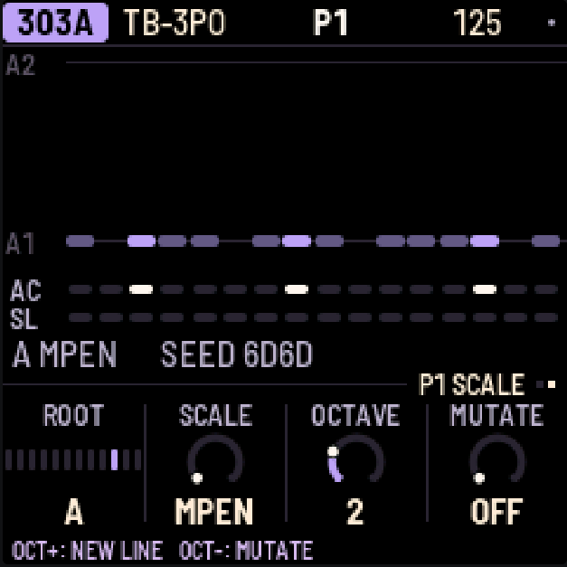 X0X-RMX: 303A SCALE, with ROOT A and Minor Pentatonic (MPEN) selected