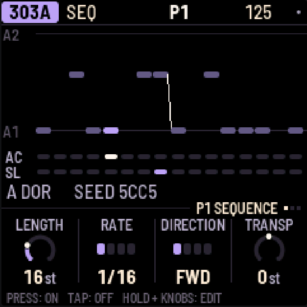 X0X-RMX: a generated 303A line on SEQUENCE, after choosing Dorian and generating again