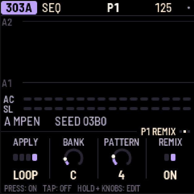 X0X-RMX: 303A has its own Remix selection, here C4/ON with APPLY LOOP