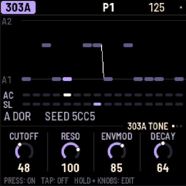 X0X-RMX: 303A TONE controls CUTOFF, RESO, ENVMOD and DECAY