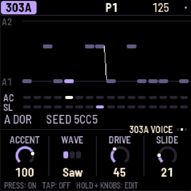 X0X-RMX: 303A VOICE controls ACCENT, WAVE, DRIVE and SLIDE; Saw is selected