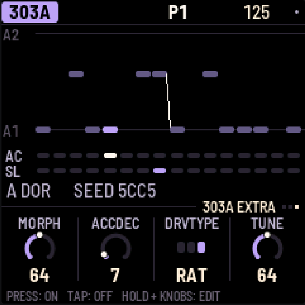 303A EXTRA page with MORPH 64, ACCDEC, DRVTYPE and TUNE