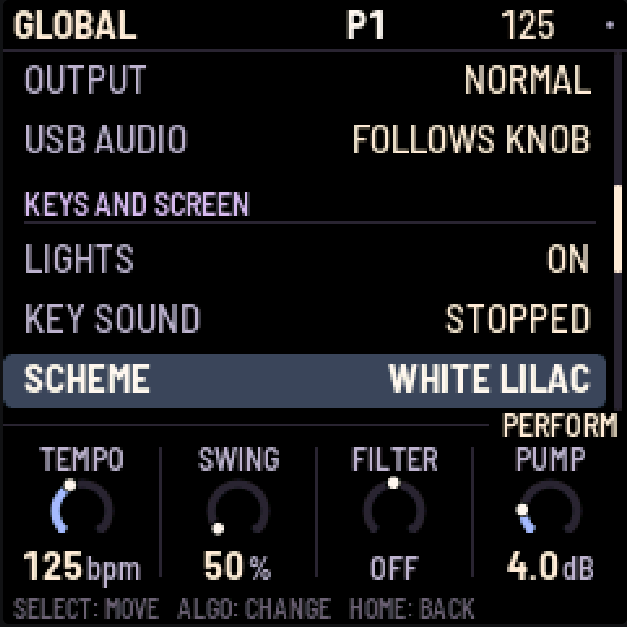 X0X-RMX: GLOBAL, with the LCD SCHEME set to WHITE LILAC