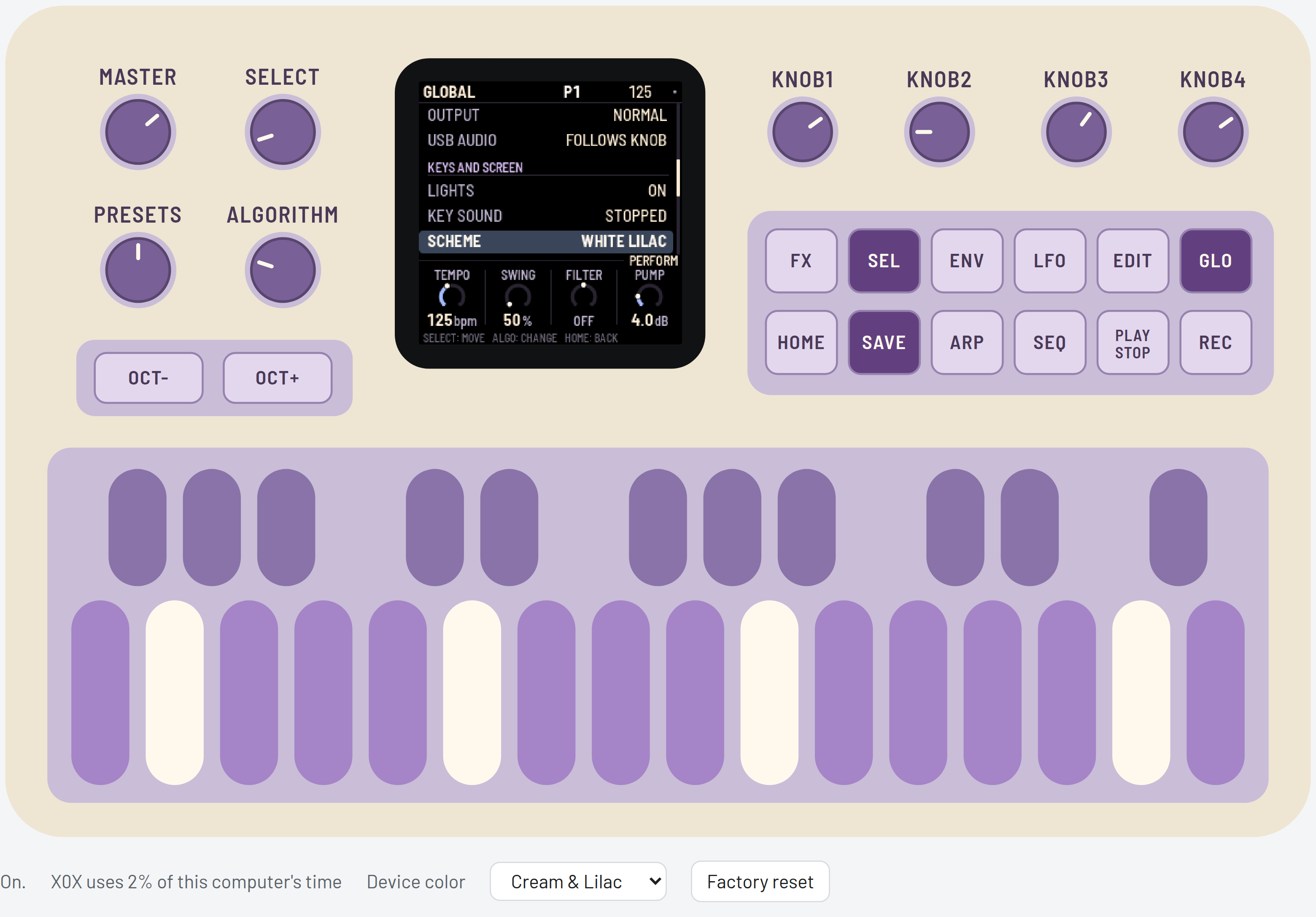 X0X-RMX: Cream & Lilac exterior selected in the browser, with WHITE LILAC selected separately in GLOBAL