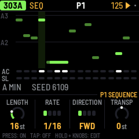 The 303's steps on SEQ, two ties as one long note